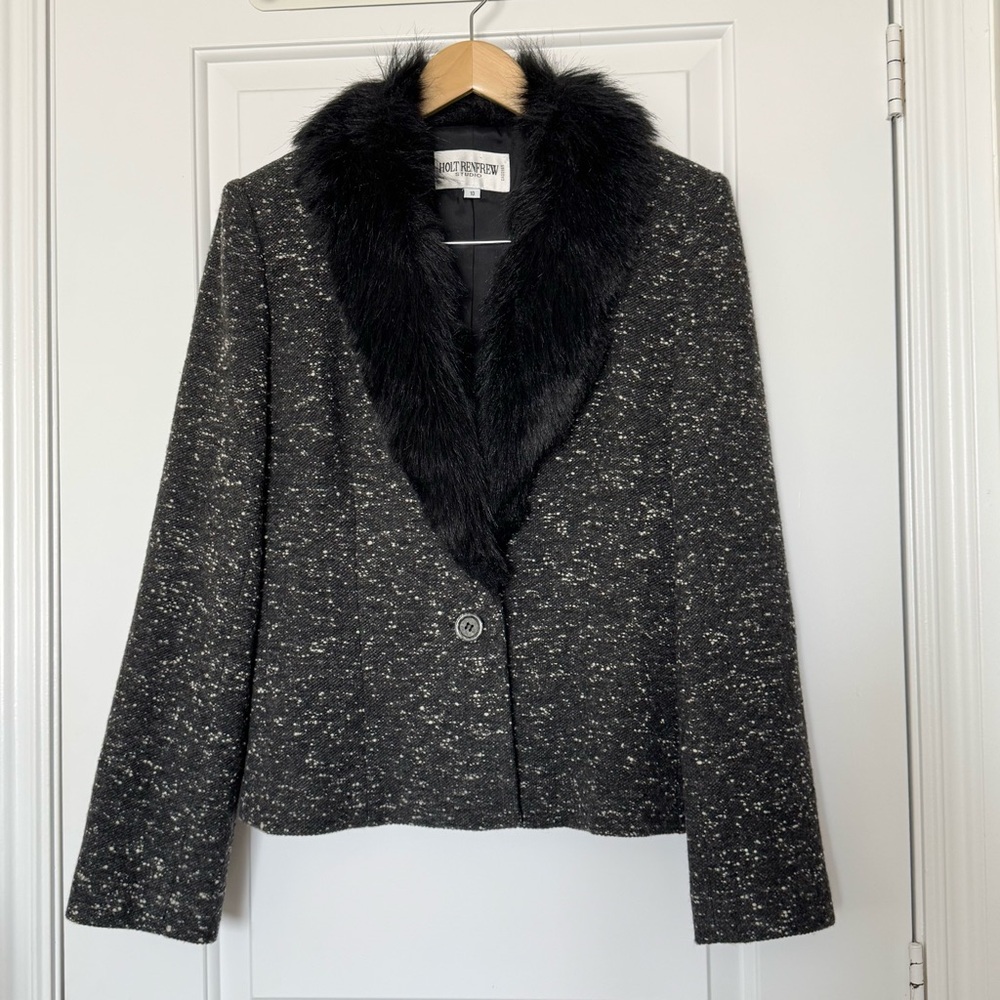 Vintage Holt Renfrew Black Wool Tweed Blazer with Faux Fur Collar Skirt Set 10 6